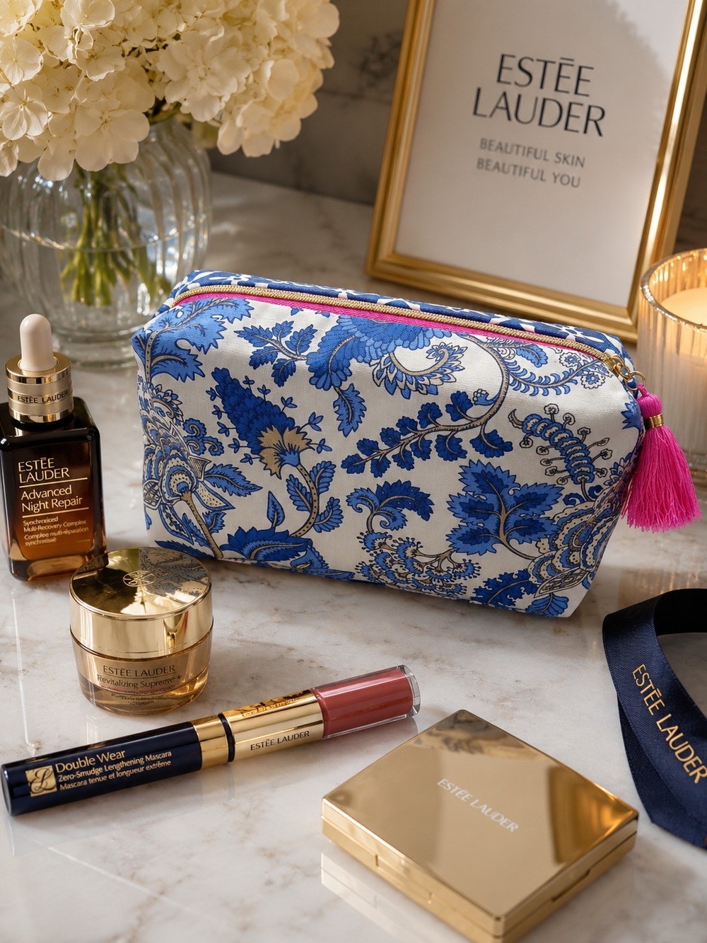 Estee Lauder Blue and Pink Floral Cosmetic Bag with Tassel